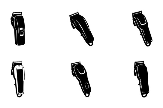 Black hair clippers icons, barber tools, set of graphic design