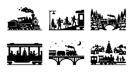 Fototapeta premium Black and white train icons, winter village and travel scenes, graphic