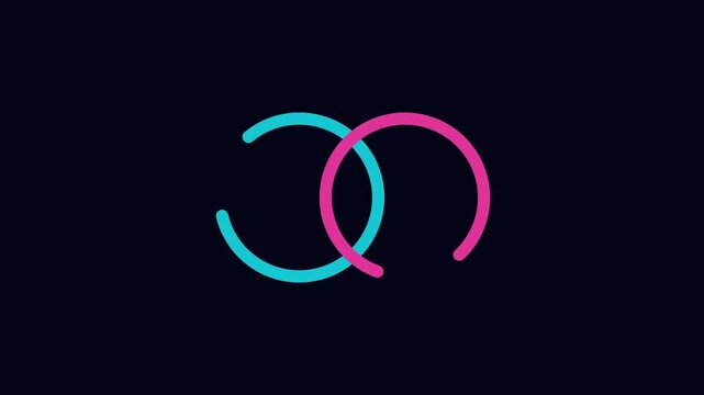 Minimalist neon loading spinner animation with interlocking cyan and pink circles on dark 4k background
