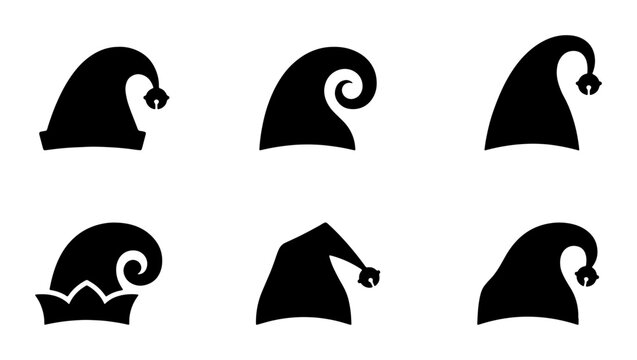 Black silhouette elf hats with bells and curls, Christmas holiday