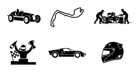 Fototapeta premium Black and white racing icons, vintage car, modern sports car, helmet