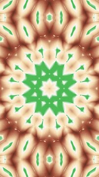 Abstract kaleidoscopic pattern featuring soft brown and vibrant green geometric shapes.
