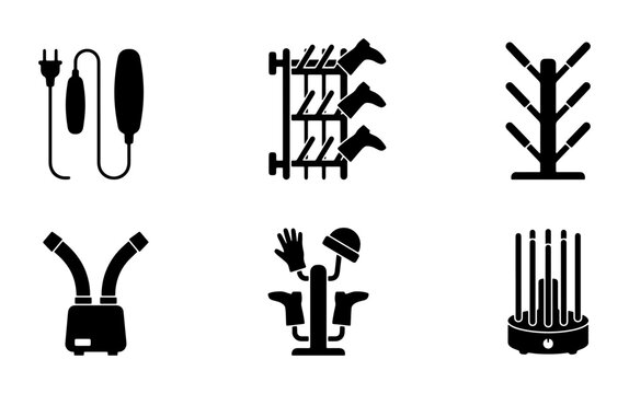 Black icons of boot dryers and glove holders, simple silhouette