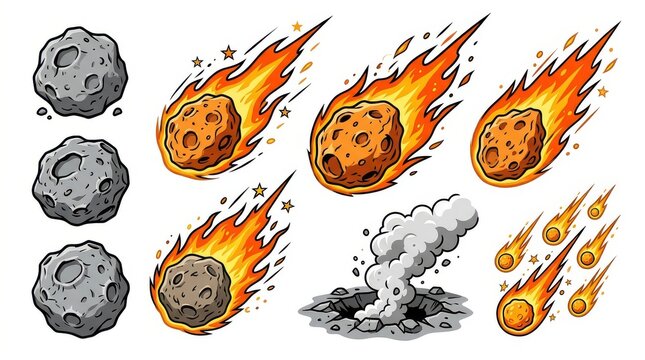 Cartoon Asteroid and Meteor Collection with Falling Fireballs and Impact Crater Isolated on White Background