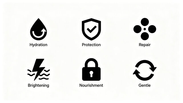 Minimally designed beauty efficacy icon, representing the functions of water locking, nourishing, repairing, and brightening, suitable for cosmetic packaging and e-commerce selling points.
