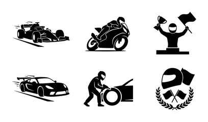 Fototapeta premium Set of racing vehicles and winning elements silhouettes