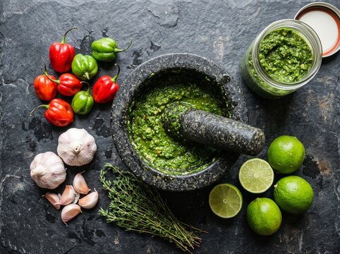 Preparing Haitian seasoning paste episk with scotch bonnet peppers garlic and lime in mortar representing Caribbean cuisine