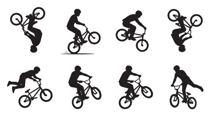 Fototapeta premium Professional BMX Freestyle Rider Silhouette Vector Collection with Dynamic Aerial Bicycle Tricks and Action Movements
