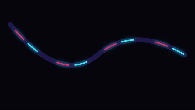 Neon glowing dashed line path animation with pulsing cyan and red light effects 4k