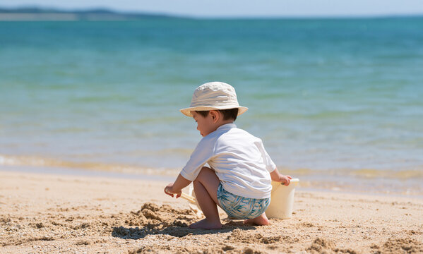  Asian boy wearing a hat, a white rash guard, and swim trunks is crouched on a beach