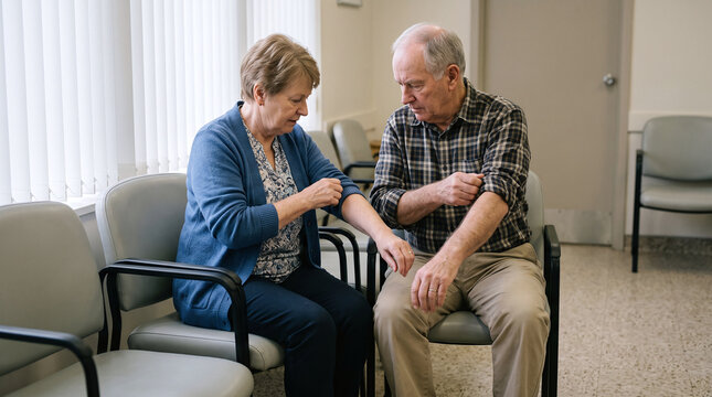 Elderly couple roll up their sleeves together in clinic chairs