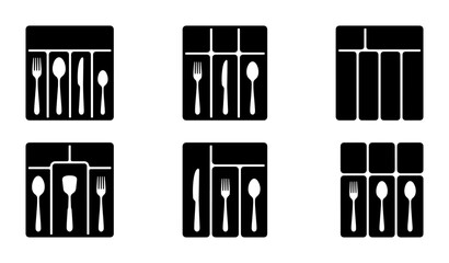 Obraz premium Black icons of cutlery and kitchen utensils in organizers, graphic