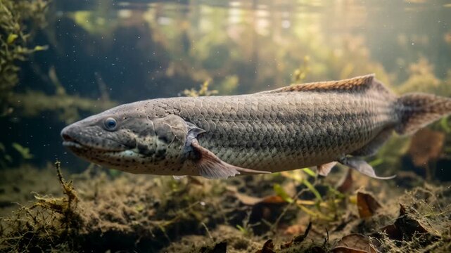 lungfish underwater close up at morning light in african freshwater habitat video