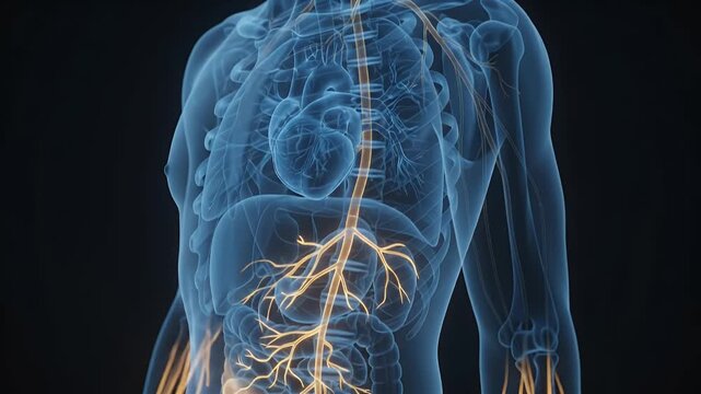 Vagus nerve glowing in torso, illustrating the intricate human nervous system and neurological connections