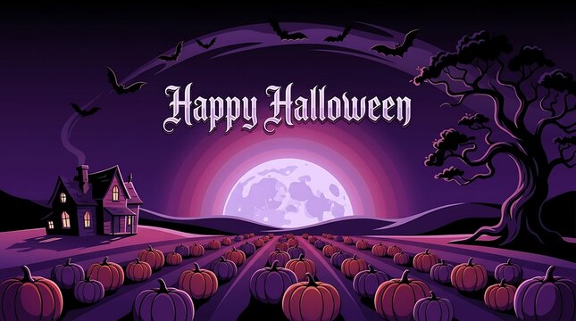 Happy halloween banner with spooky haunted house, pumpkin patch field, bats and glowing full moon at night
