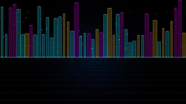 Futuristic digital bar graph data visualization animation with glowing neon lines and particles on a dark grid background representing financial