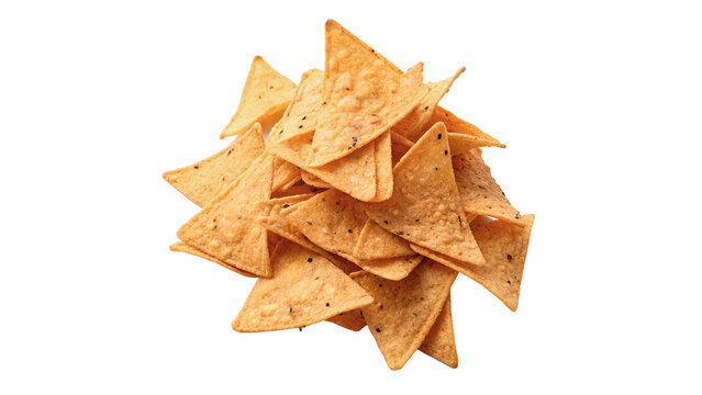 Small pile of crispy yellow corn tortilla nachos chips isolated on transparent background.
