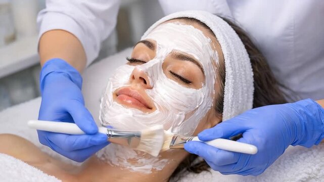 Cosmetologist Applying Facial Mask to a Woman in a Beauty Salon