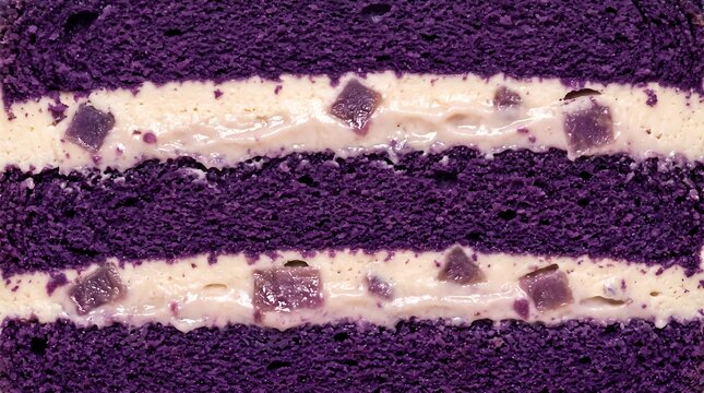 Macro shot of layered purple ube cake texture with white cream filling and yam pieces