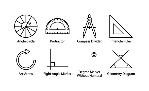Geometry Degree Measures, line icon set featuring angle circle, protractor, compass divider, triangle ruler, arc arrow, right angle marker, degree marker without numeral and geometry diagram, covering