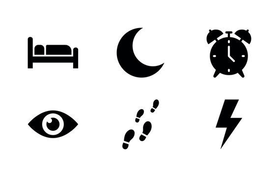 Sleep Disorder Symbols, solid glyph icon set featuring bed, moon, alarm clock, sleepless eye symbol without face, sleepwalking footprints, insomnia lightning symbol, covering insomnia, sleep disorder,