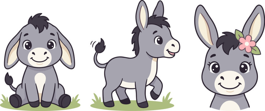 Cute cartoon baby donkey character set with flower element vectors