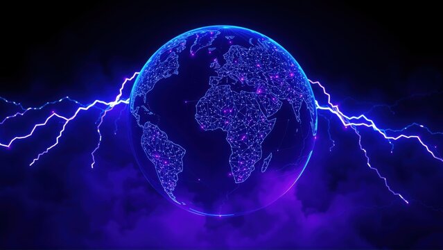 Glowing globe surrounded by lightning. Digital world map, vibrant neon colors, dark background creates dramatic effect. Futuristic design.