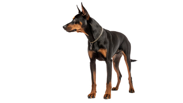 Purebred black and tan doberman pinscher dog standing isolated on transparent background.