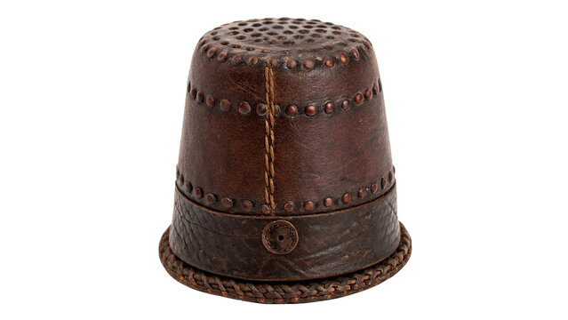Vintage brown leather tailor sewing thimble isolated on transparent background.