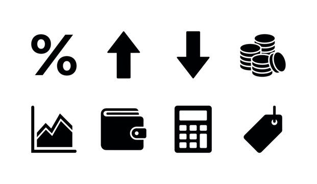 Price Trend Finance, solid glyph icon set featuring percent symbol, upward arrow, downward arrow, coin stack, line chart, wallet, calculator, price tag, covering price increase, price decrease,