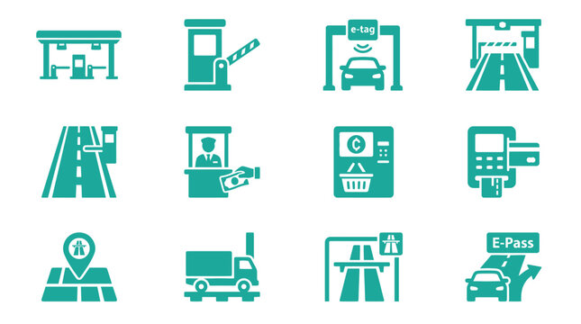 Teal flat icon set illustrating highway toll plaza systems, electronic payment gates, RFID e-tags, road toll booths, manual payment, and transportation logistics for navigation apps.