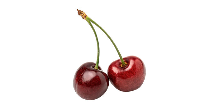 Two fresh ripe red cherries with green stem isolated on transparent background.