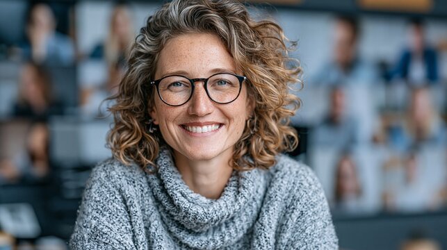 Confident mature professional woman with curly blonde hair wearing stylish glasses smiles brightly during a productive virtual remote video conference