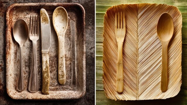 Split screen comparison of rustic metal cutlery on a tray versus sustainable bamboo utensils on a natural leaf plate