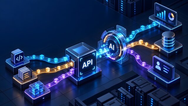 Isometric visualization of an application programming interface connecting to artificial intelligence nodes for advanced server data processing