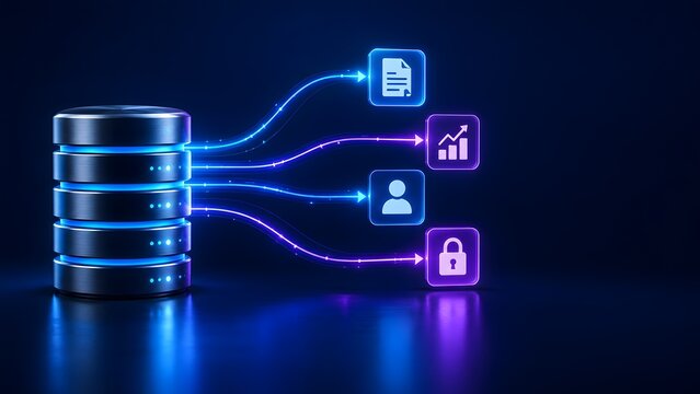 Futuristic server database distributing data through glowing neon optical fiber connections to secure digital business applications