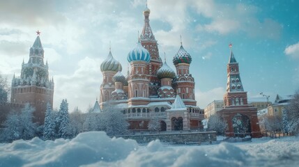 Obraz premium Winter view of Saint Basil's Cathedral in Moscow under a cloudy sky.