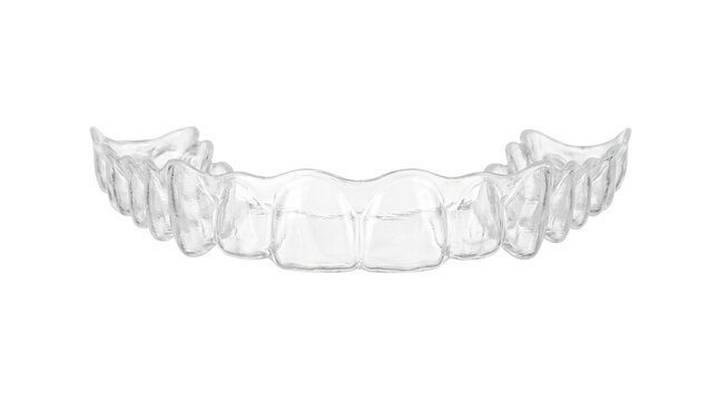 Clear dental aligner for orthodontic treatment, transparent plastic teeth straightener, invisible removable brace for aesthetic dentistry isolated PNG with Transparent Background