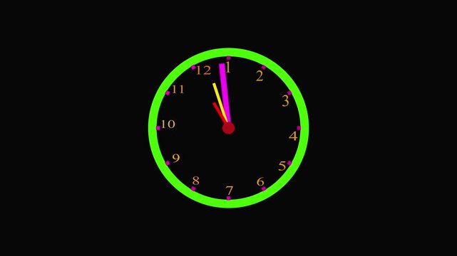 Simple clock lime color stop watch icon animation isolated on black background,  Clock icon flat style. 12 hours clock dial , twenty-four hours ,4k motion video