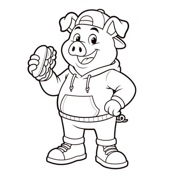 Cute Pig Mascot Holding Burger in Hoodie Black and White Outline Illustration