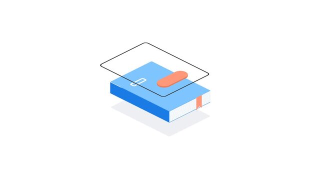 Isometric 3D blue book with floating line and orange bookmark on white background