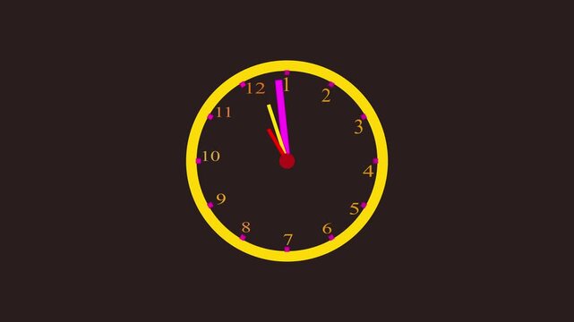 yellow ,, clock spinning, watch animation on transparent background movement and real time indicator action.  Clock icon flat style 24 hours day fast speed rotation 4k ... 