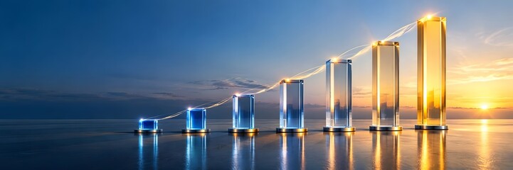 Growing Financial Bar Chart with Illuminated Glass Columns and Upward Trend Line Against Sunset Sky