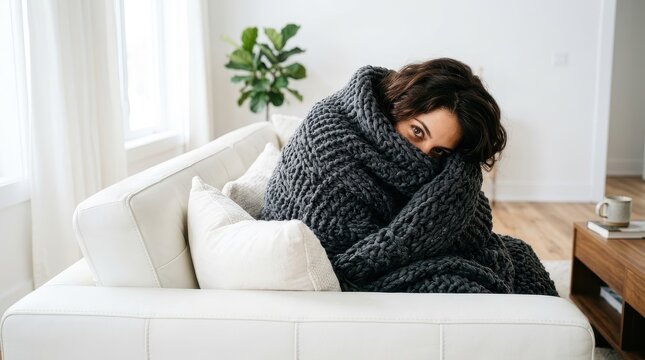 Young Woman Wrapped in a Cozy Thick Knitted Blanket Sitting on a White Sofa in a Bright Modern Living Room