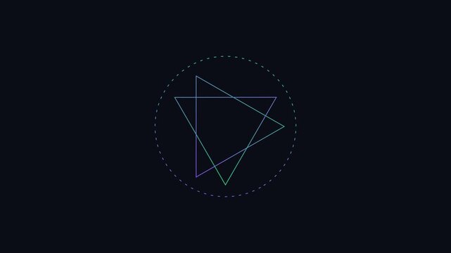Abstract neon geometric triangle animation with rotating pulsing lines and circular frame on dark 4k background