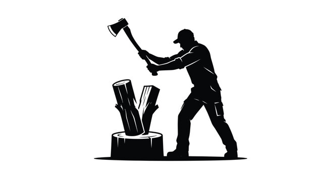 Lumberjack chopping wood with axe black silhouette