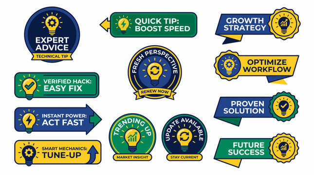Business advice badge set and colorful bulb stickers showing expert tip labels, workflow optimization banners and growth tags, concept for corporate marketing and productivity enhancement