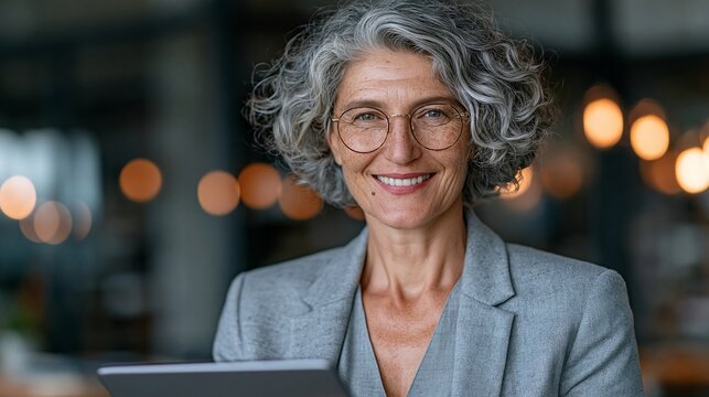Professional middle aged woman with grey curly hair wearing round glasses smiles while holding a modern tablet in soft lighting