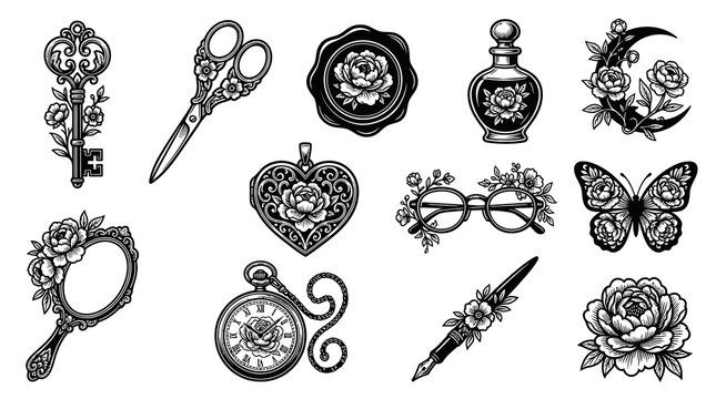 Vintage Tattoo Style Floral Elements: Key, Scissors, Locket, Butterfly, Flowers