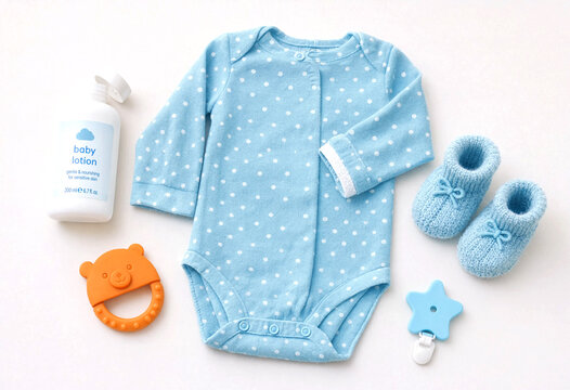 Baby outfit set with lotion bottle knitted booties teether and pacifier clip